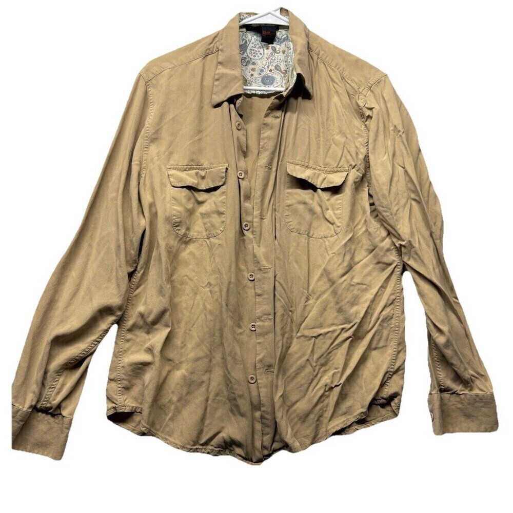 Tulliano Shirt Mens L Beige 100% Silk Button Up Long Sleeve Dress Casual Solid